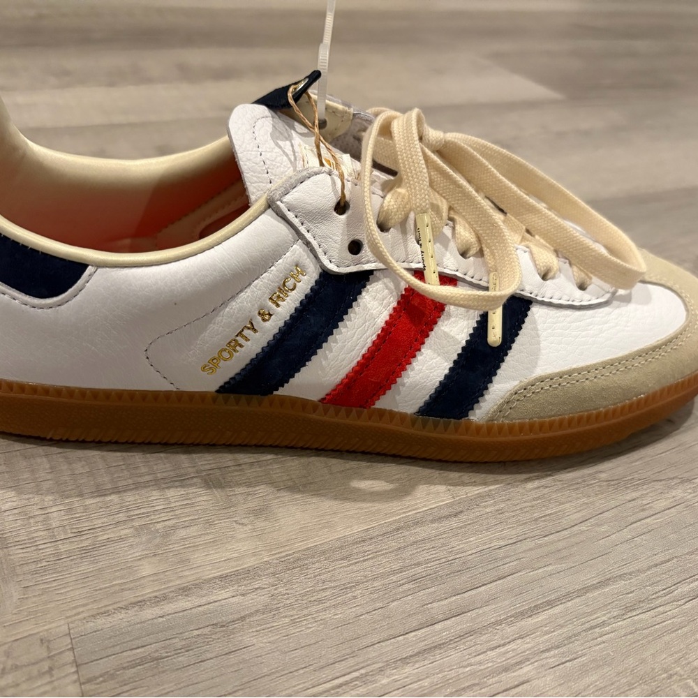 New-samba OG Sporty & Rich White Leather Sneaker with Navy and Red Stripes size8